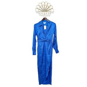 Ronny Kobo Blue Bernice Satin Midi Dress